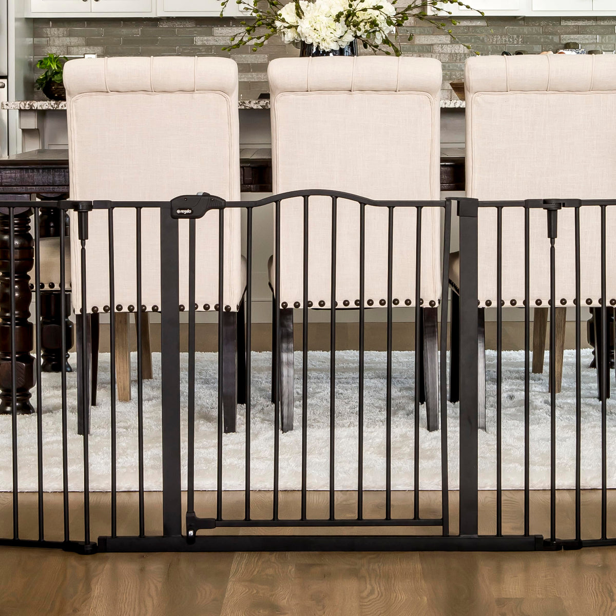 Regalo Deluxe Home Accents Widespan 74.5-Inch-Wide Adjustable Safety Gate, Award Winning Brand, 28-Inches Tall, Includes 4 Wall Mounts, Black
