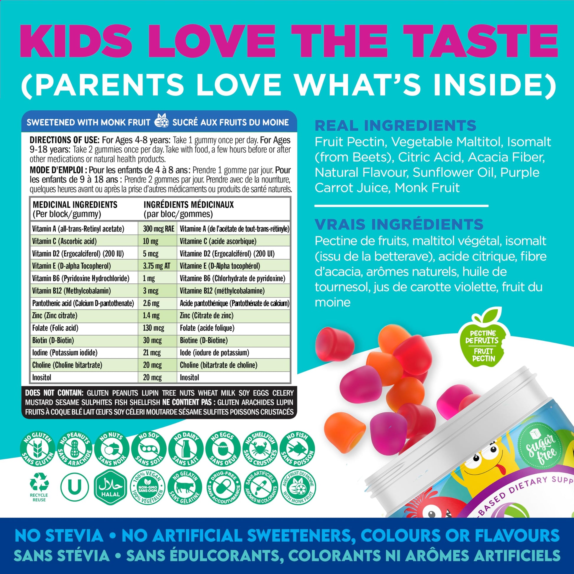 CANADIAN NUTRAMIN Children's Daily Vegan Multivitamin Gummies Vitamin C, D2 & Zinc for Immunity, Plant-Based, Sugar-Free, Nut-Free, Gluten-Free with Biotin, Vitamin A, B, B6, B12 +More 90 Ct (45 Day Supply) - Available at All In One Marketplace Canada