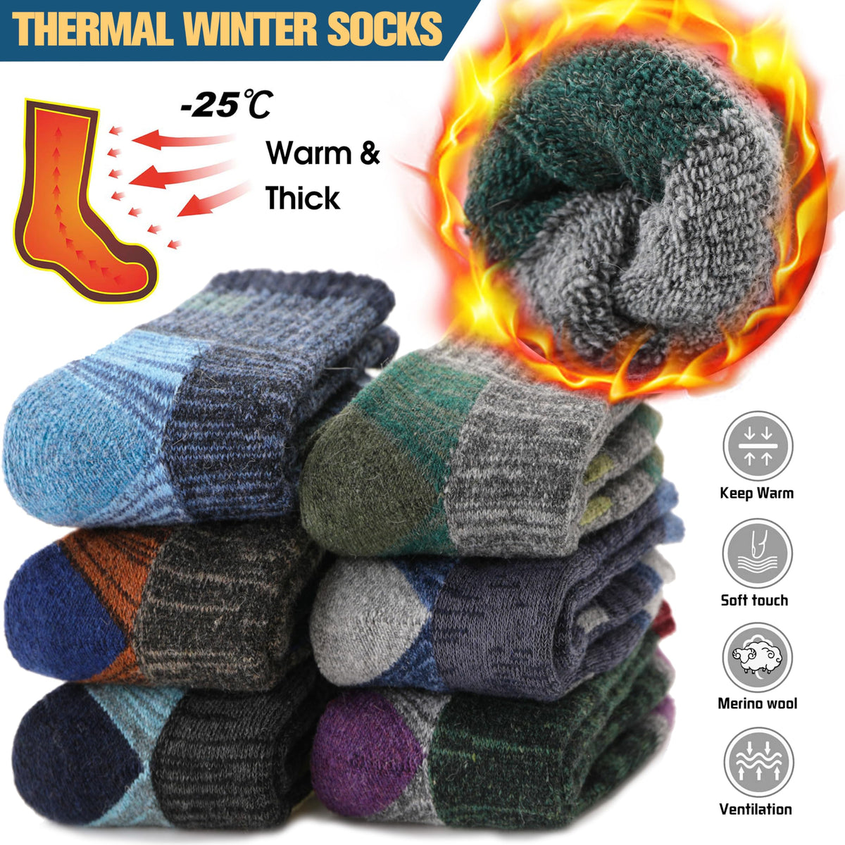 Kids Merino Wool Hiking Socks Boys Toddler Thermal Warm Thick Winter Cushioned Gifts Socks 6 Pairs Stocking Stuffers(Mixed,8-12 Years) 🍁 All In One Marketplace Canada