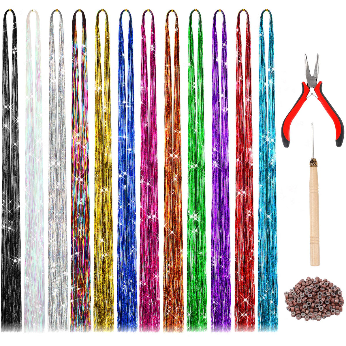 FEBSNOW Tinsel Hair Extension with Tool, 47 Inch Glitter Tinsel Strands Kit 🍁 All In One Marketplace Canada