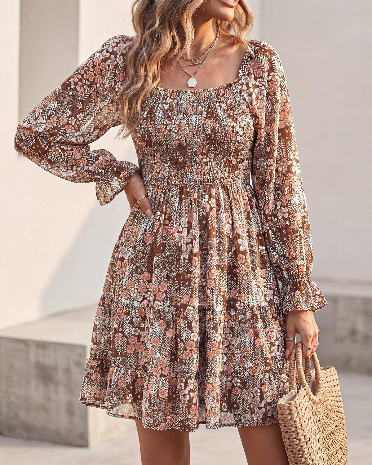 BTFBM Dresses Women Square Neck Long Sleeve Ruffle Hem Floral Short Dress 🍁 All In One Marketplace Canada