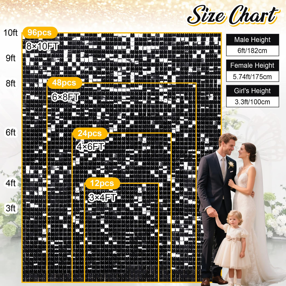 Fond de mur scintillant noir, toile de fond carrée à paillettes pour anniversaire, mariage, fiançailles, décoration de fond pour Halloween (24 panneaux)