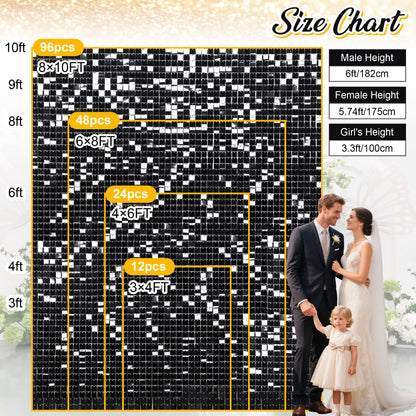 Fond de mur scintillant noir, toile de fond carrée à paillettes pour anniversaire, mariage, fiançailles, décoration de fond pour Halloween (24 panneaux)