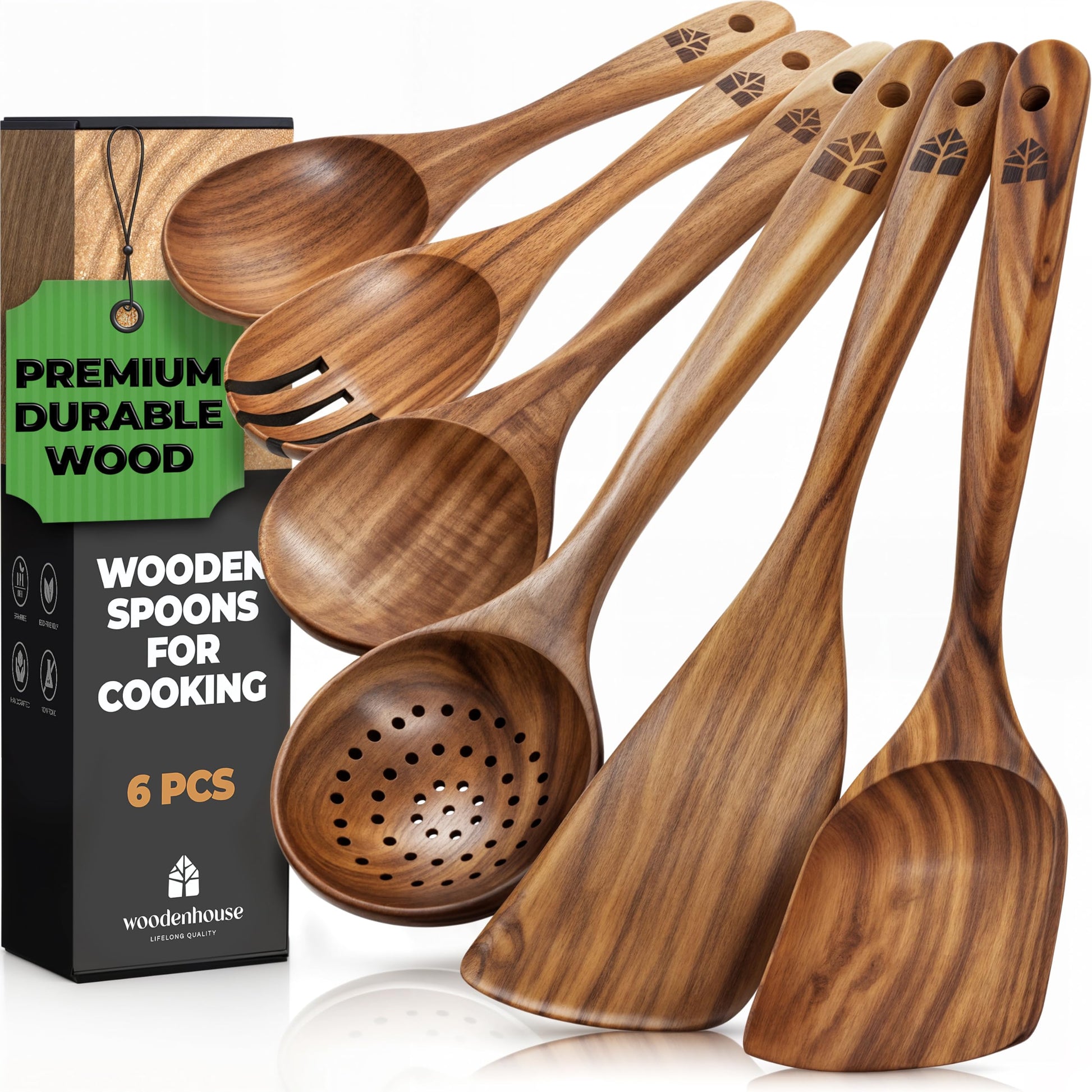 Wooden Spoons for Cooking – Wooden Kitchen Utensils Set, 6 Pcs Teak Wood Utensil Set – Comfortable Grip Non–Stick Wooden Cooking Utensils - Available at All In One Marketplace Canada