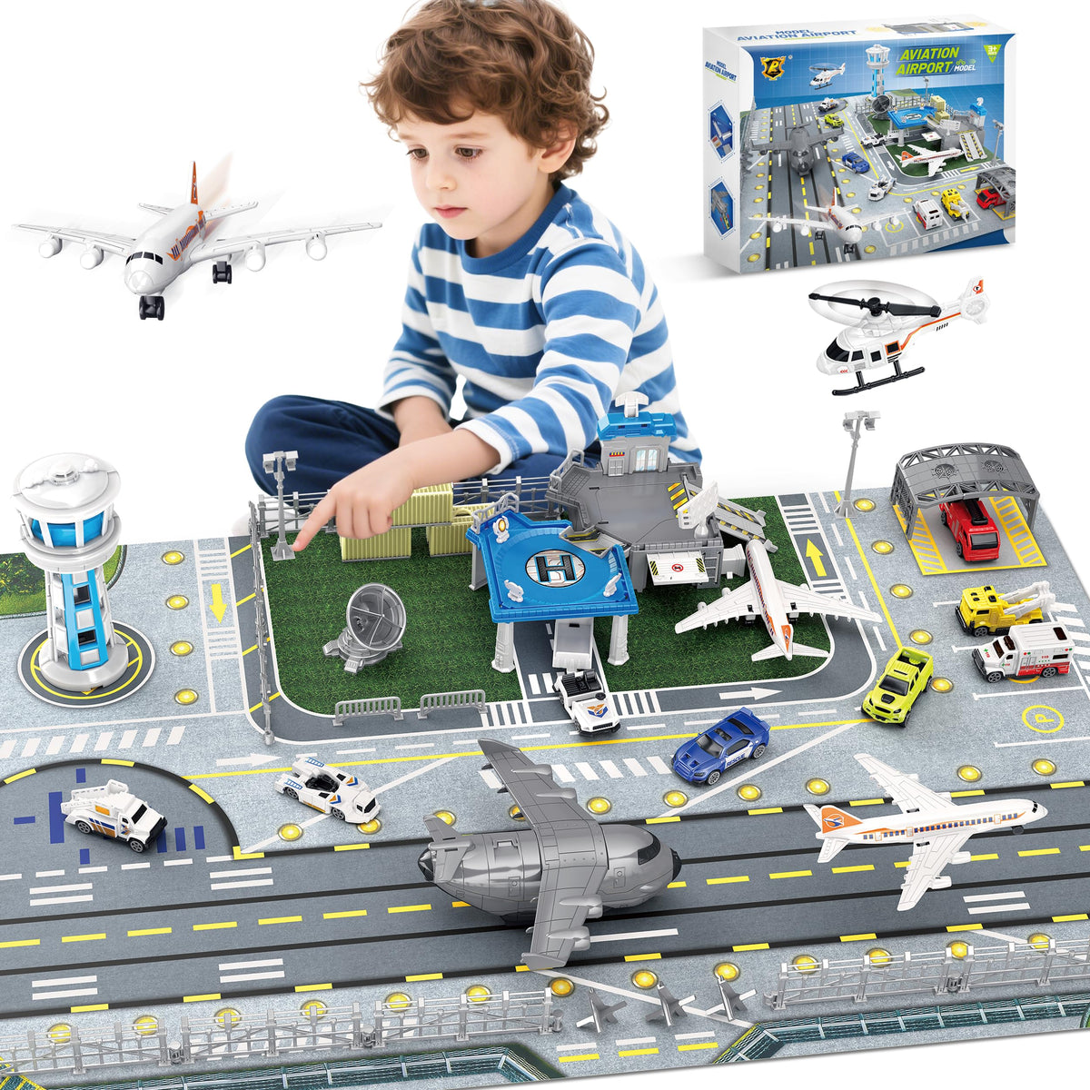 Airplane Toy Set with Trucks, Helicopter, Planes and Playmat, Airport Aviation Toys for Boys Girls, Great Gift for Birthday Christmas 🍁 All In One Marketplace Canada