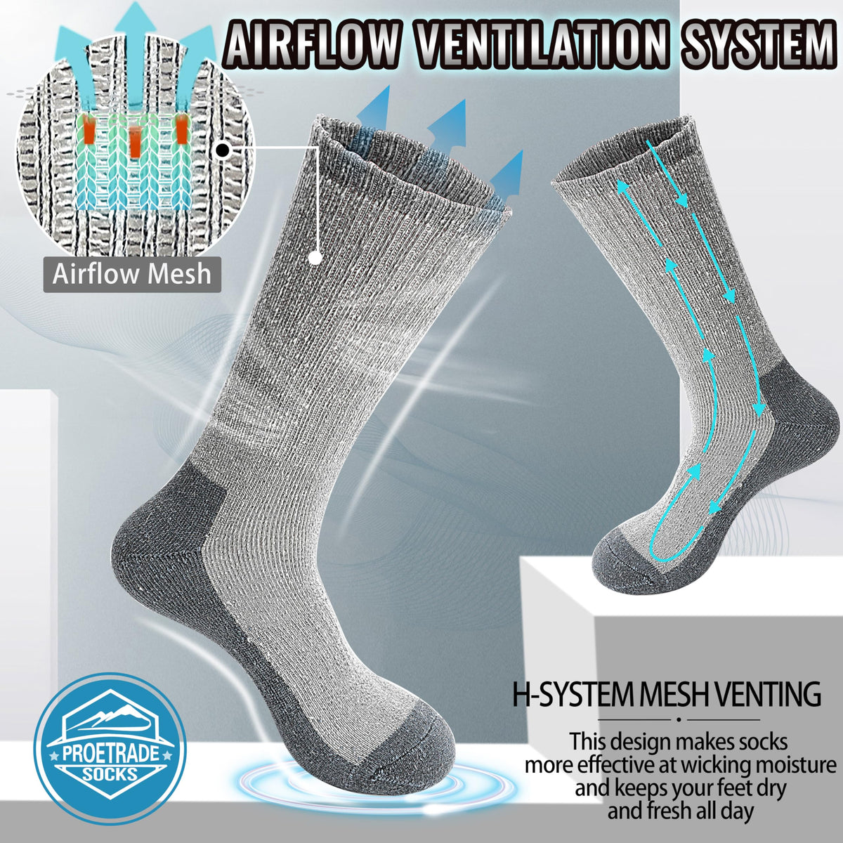 ProEtrade Merino Wool Hiking Socks for Men & Women Thermal Winter Warm Crew Thick Cushion Work Cozy Socks 4 Pairs Gifts Stockling Stuffers for Men(Classic Grey,L) 🍁 All In One Marketplace Canada