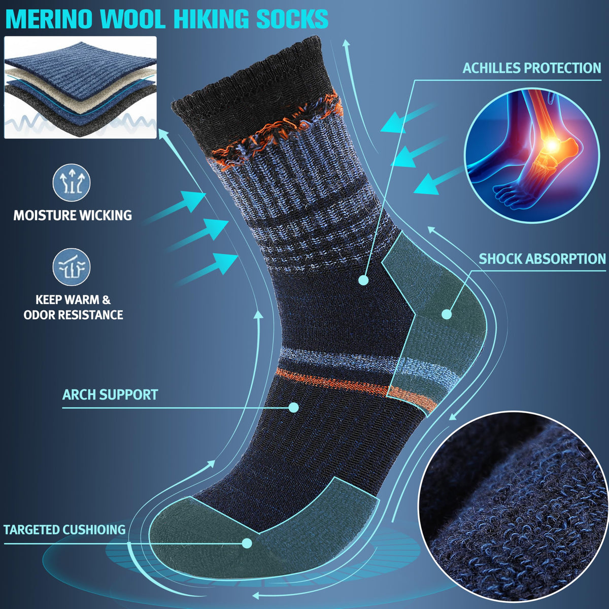 Sandsuced Merino Wool Hiking Socks Thermal Winter Warm Cozy Outdoor Crew Socks 5 Pairs Gift Stocking Stuffers for Men(Assorted Blue,M) 🍁 All In One Marketplace Canada