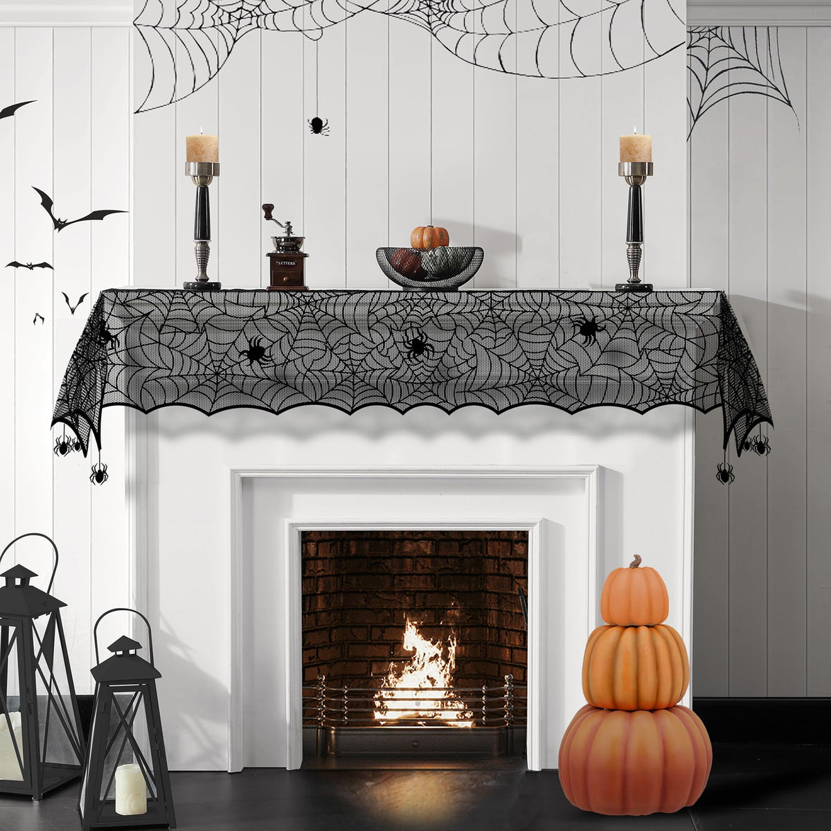 Chemin de table en dentelle Elrene Home Fashions avec araignées d'Halloween rampantes, 33 cm x 178 cm, noir