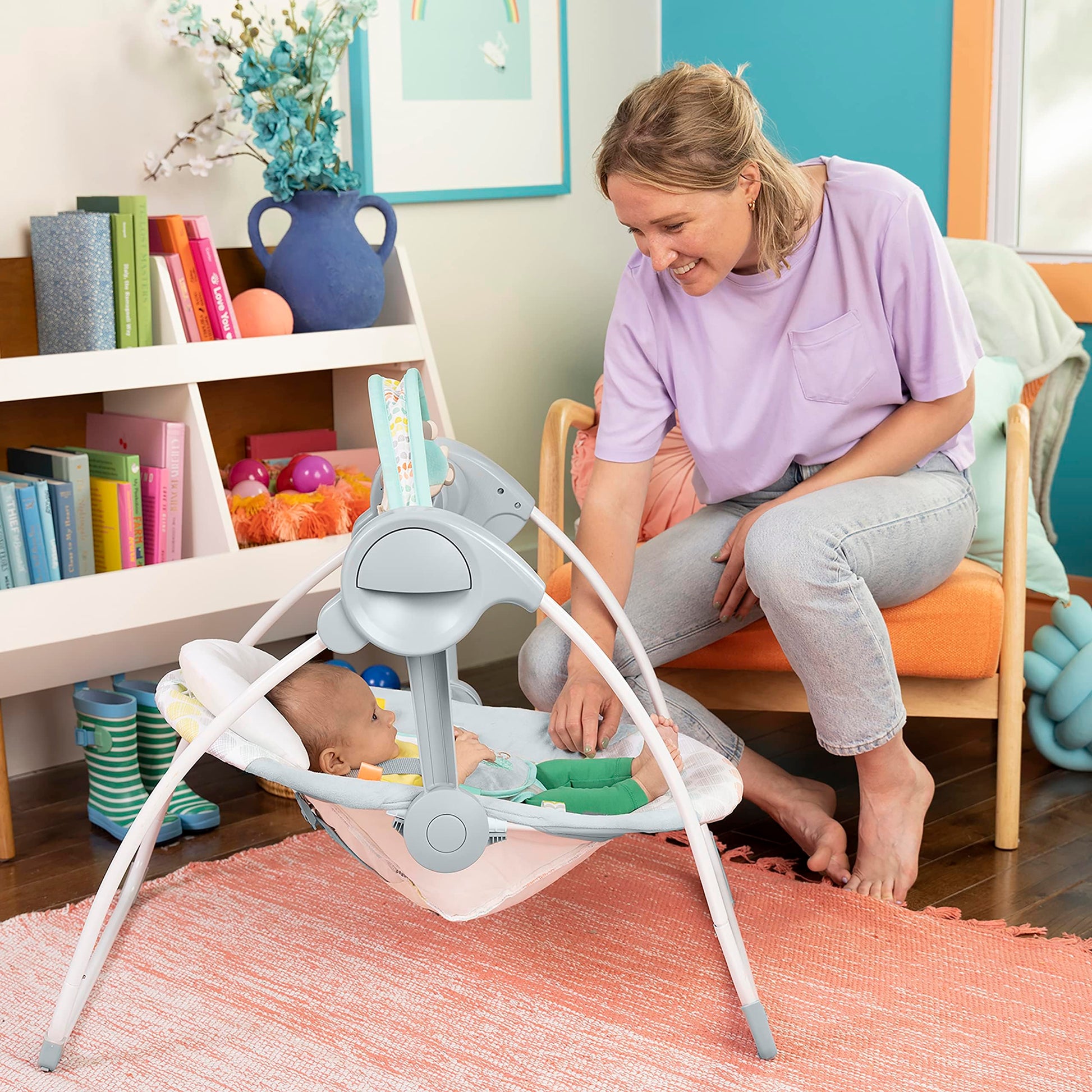 Bright Starts Portable Automatic 6-Speed Baby Swing, Compact Easy-Fold, Music, Toy Bar, 0-9 Months 6-20 lbs (Whimsical Wild) Bright Starts
