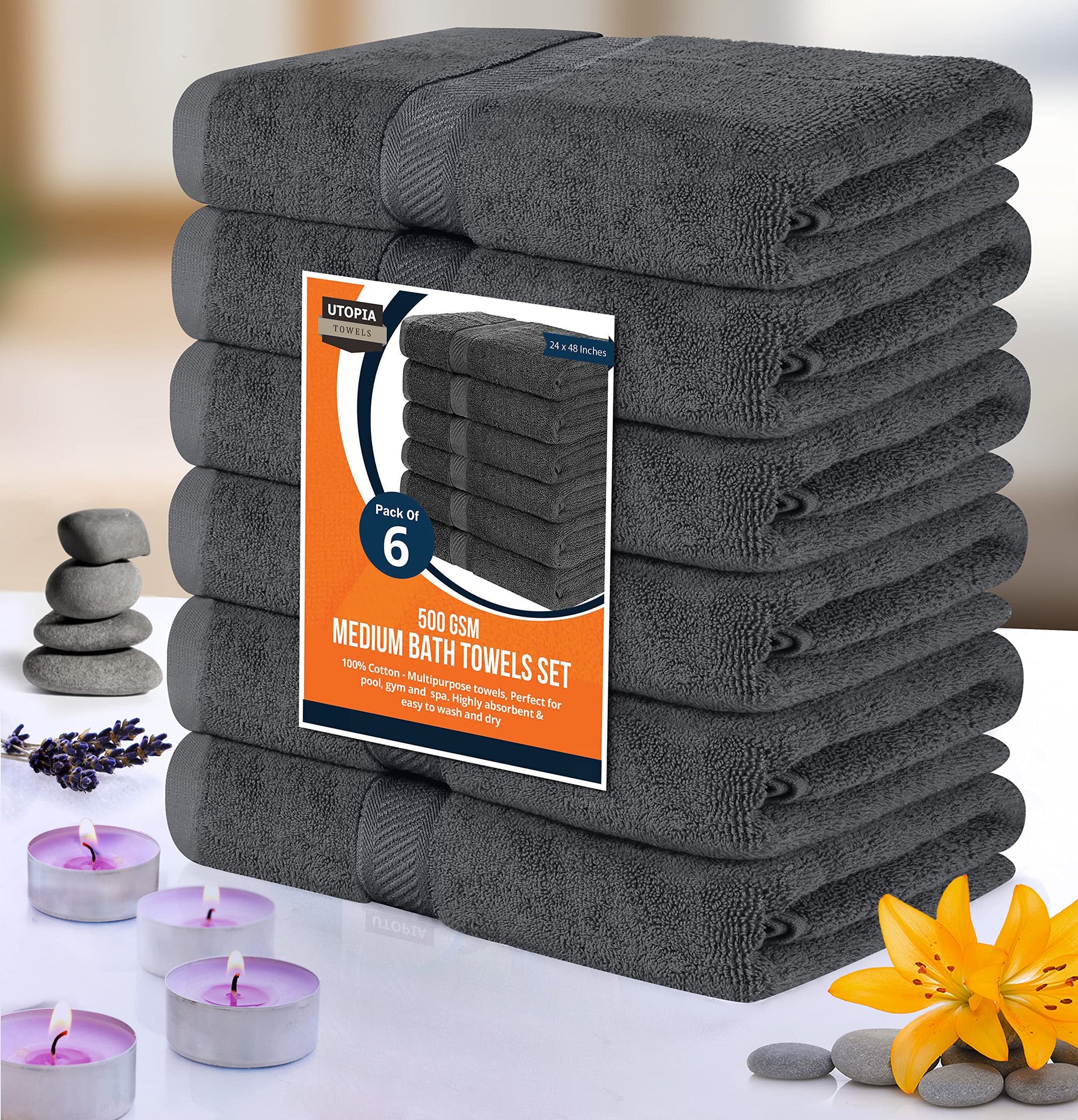 Utopia Towels 6 Medium Bath Towels, 24 by 48 Inches, 100% Cotton Towels for Pool, Spa, Gym, Quick Drying and Absorbent, Grey - Available at All In One Marketplace Canada