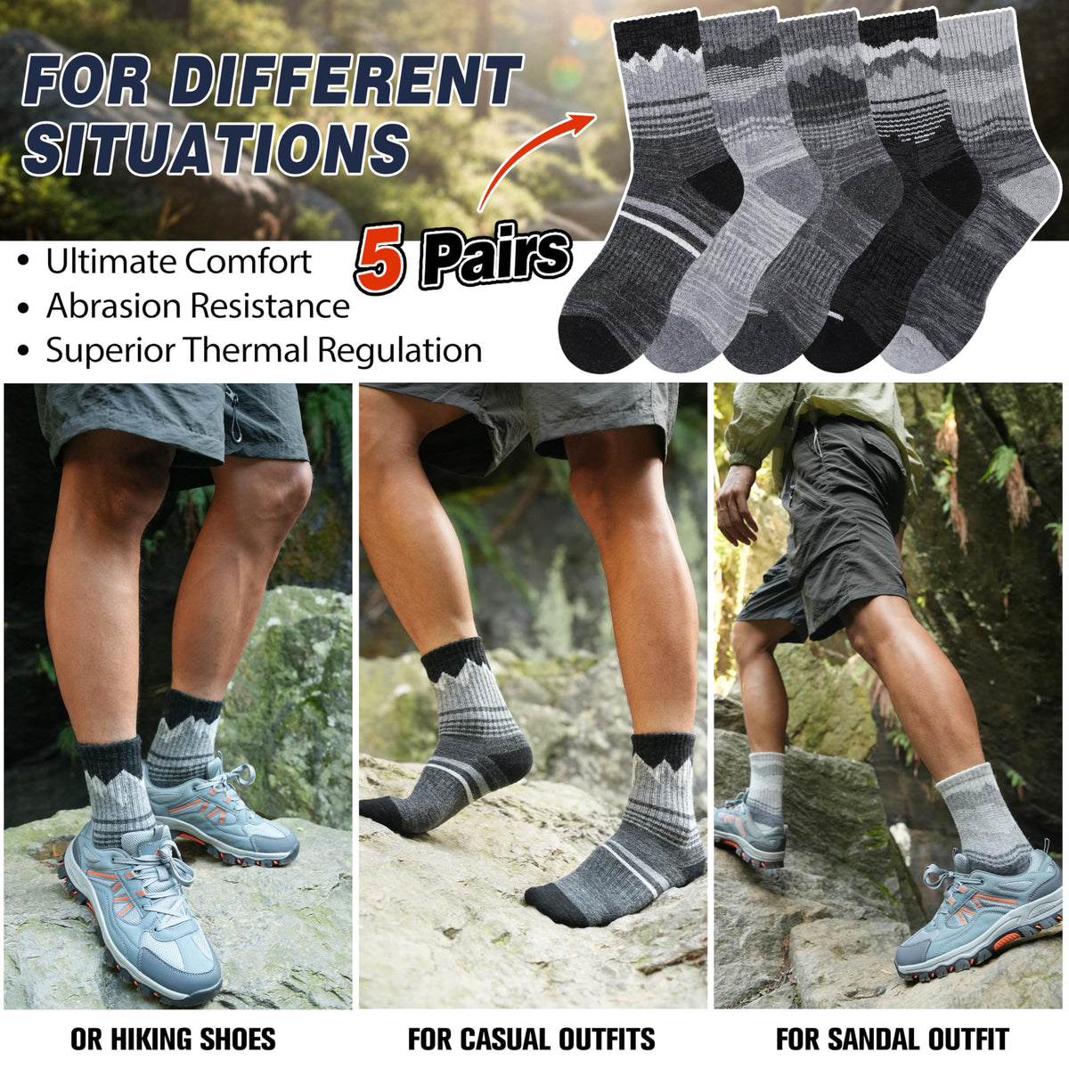 Sandsuced Merino Wool Hiking Socks Thermal Winter Warm Cozy Outdoor Crew Socks 5 Pairs Gift Stocking Stuffers for Men(Black/Grey,L) 🍁 All In One Marketplace Canada