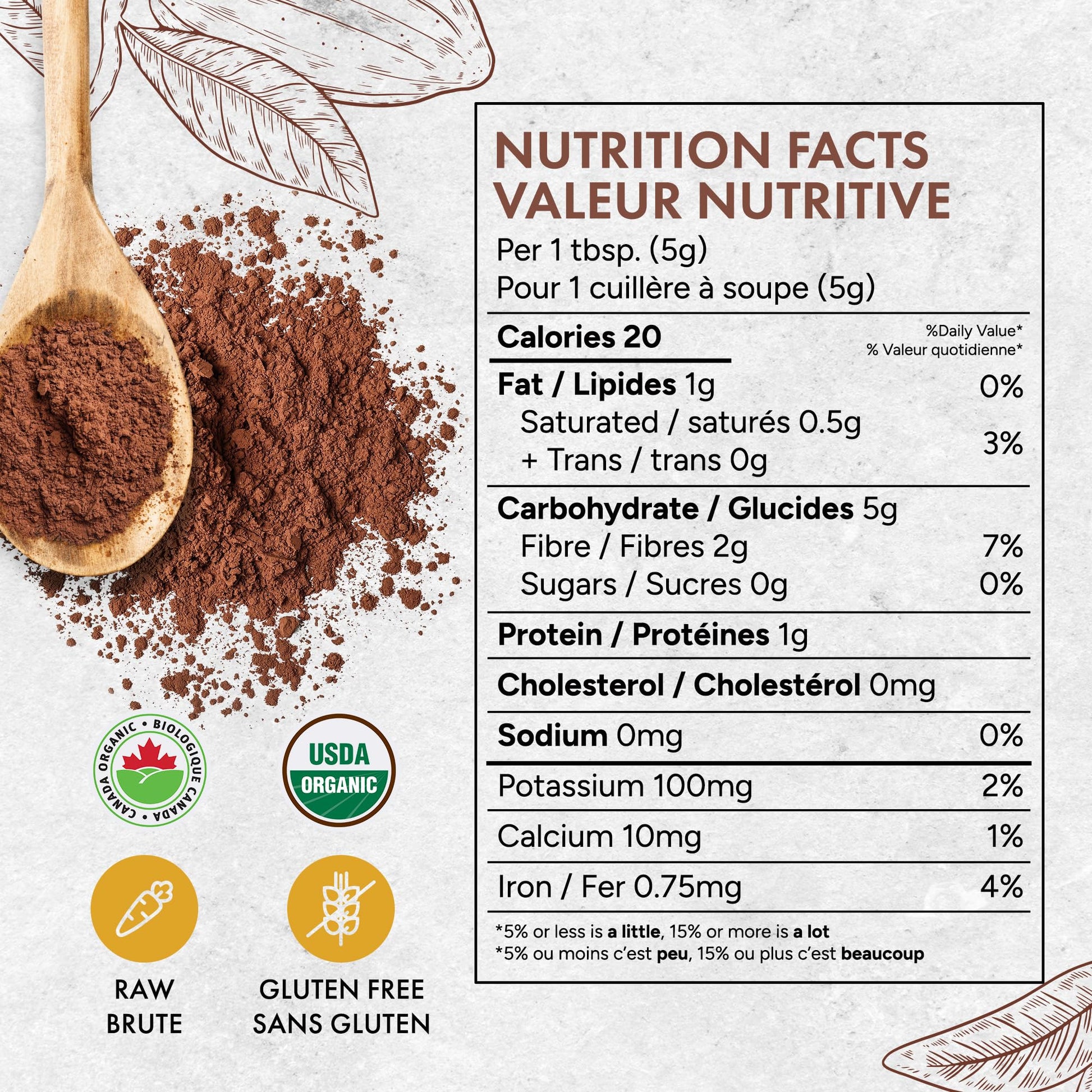 Rootalive Organic Raw Cacao Powder 454g (1lb), Premium Unroasted Cacao Bean powder in a Resealable Bag, Raw, Unsweetened, Vegetarian and Gluten-Free - Available at All In One Marketplace Canada