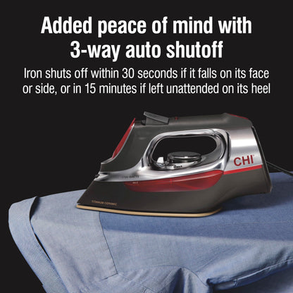 CHI Steam Iron for Clothes with 8’ Retractable Cord, 1700 Watts, 3-Way Auto Shutoff, 400+ Holes, Professional Grade, Temperature Control Dial, Titanium Infused Ceramic Soleplate, Silver (13106) CHI