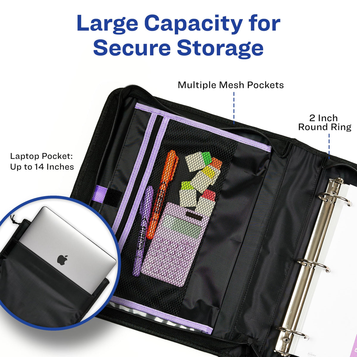 Avery 2" Inch Zipper Binder, 3 Round Rings, Durable Messenger Nylon Zipper Purple Binder, Tablet Holder, 6-Pocket with 5 Tab Dividers, Carry-All Storage Binder (26050)