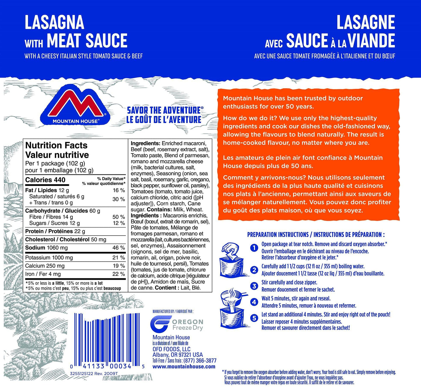 Mountain House Lasagna with Meat Sauce Pouch| Freeze Dried Backpacking & Camping Food | Survival & Emergency Food | Entree Meal | Easy to Prepare | Delicious and Nutritious | Single Pouch Mountain House