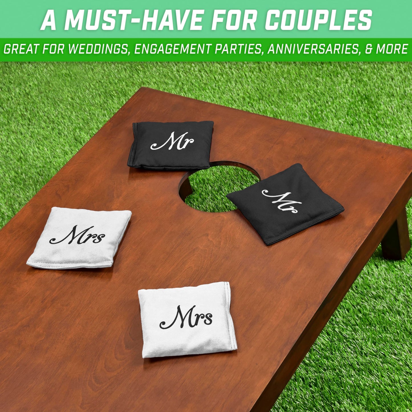 GoSports Wedding Theme Cornhole Bag Set - Includes 4 Black Mr Bags and 4 White Mrs Bags GoSports