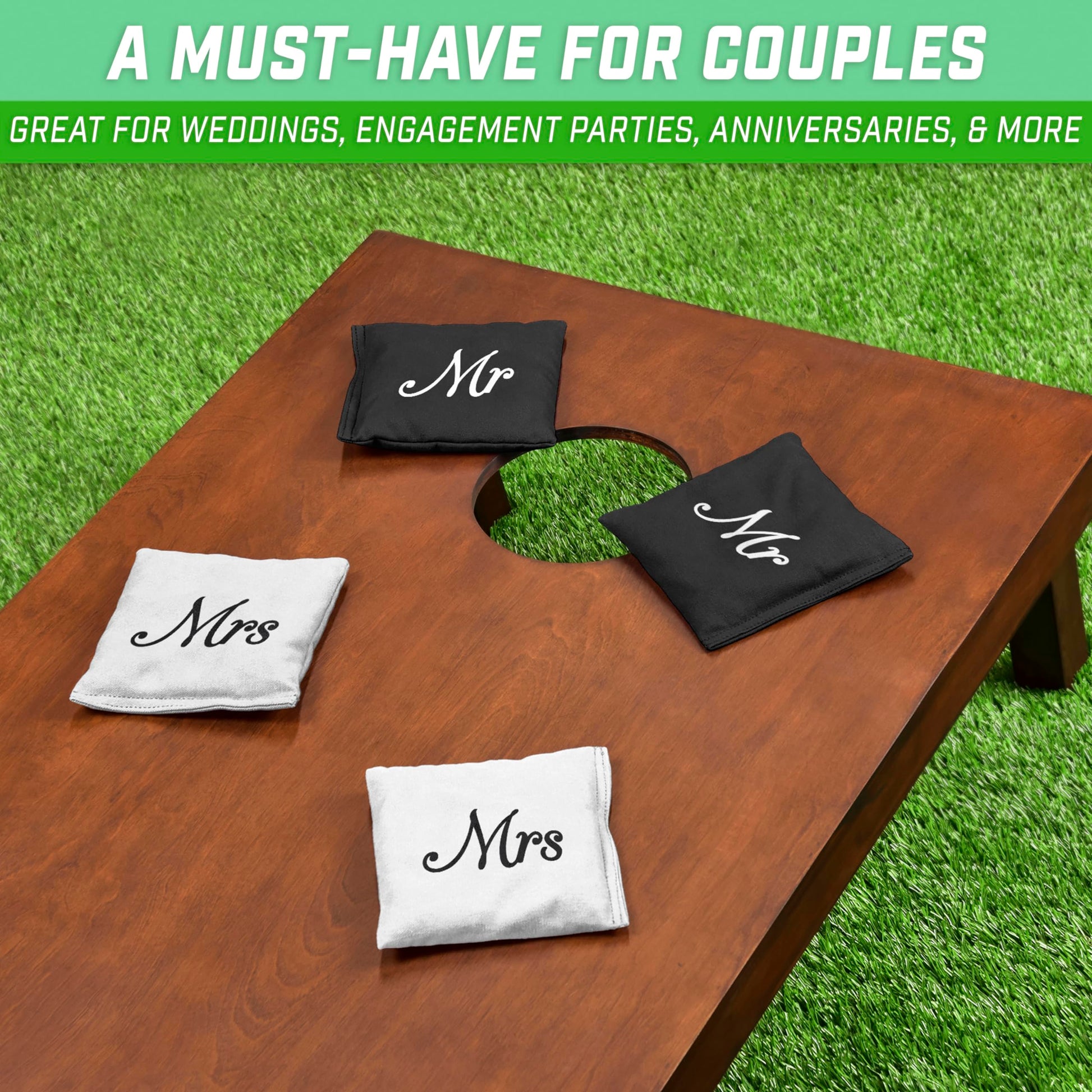 GoSports Wedding Theme Cornhole Bag Set - Includes 4 Black Mr Bags and 4 White Mrs Bags GoSports