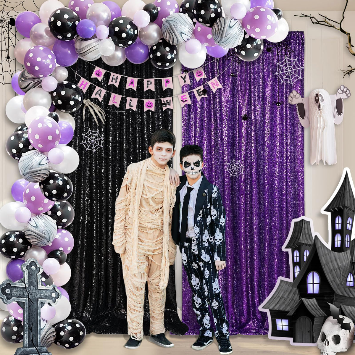 Purple Backdrop Curtins Sequin Fabric 3 Panels Background Drapes 2FT x 8FT Wedding Halloween Bridal Baby Shower Theme Decorations