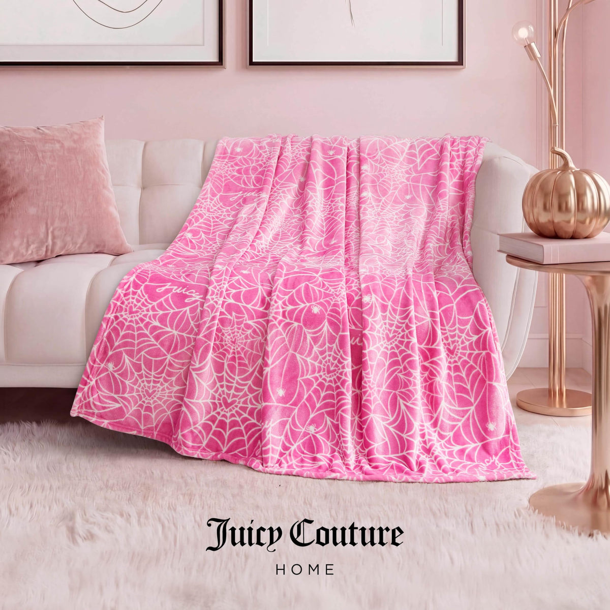 Juicy Couture Heart Spider Webs Halloween Plush Throw Blanket, Soft Polyester Decorative Throw for Sofa or Bed, Hot Pink, 50"x60"