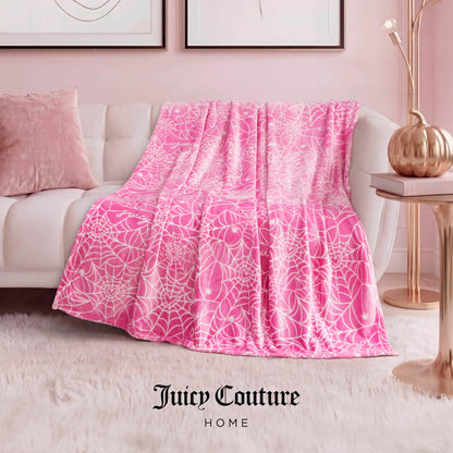 Juicy Couture Heart Spider Webs Halloween Plush Throw Blanket, Soft Polyester Decorative Throw for Sofa or Bed, Hot Pink, 50"x60"