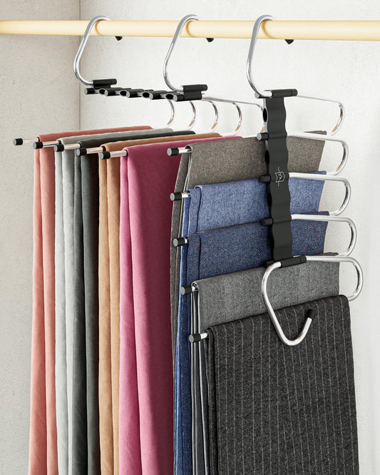 MORALVE Pants Hangers Space Saving - 2 Pack - Non-Slip Multi-Layer Space Saving Hangers - Multifunctional Clothing Rack for Closet Storage - Ideal for Jeans, Trousers, Skirts, Scarves & Slacks (Black) - Available at All In One Marketplace Canada