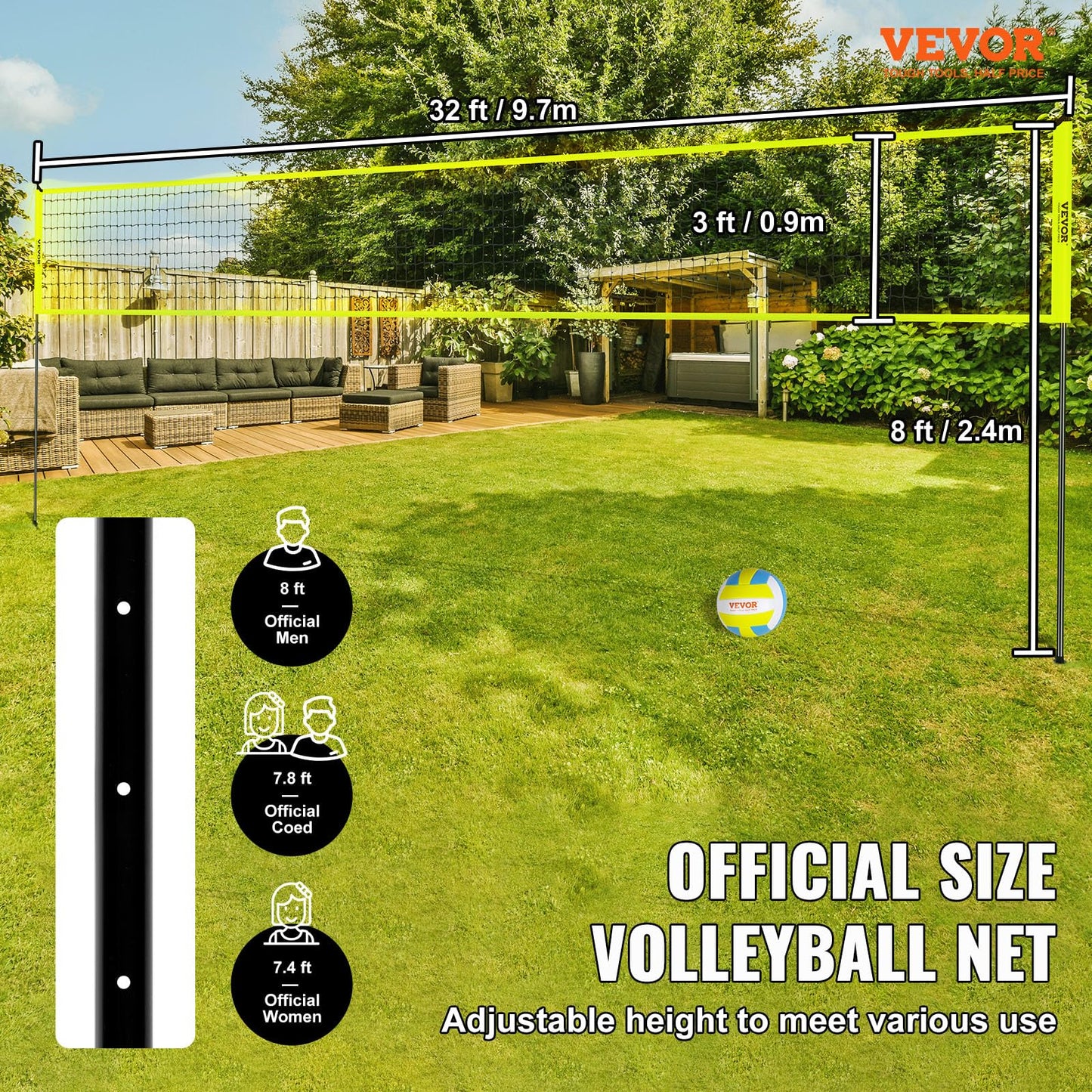VEVOR Outdoor Portable Volleyball Net System, Adjustable Height Steel Poles, Professional Volleyball Set with PVC Volleyball, Pump, Carrying Bag, Heavy Duty Volleyball Net for Backyard, Beach, Lawn VEVOR