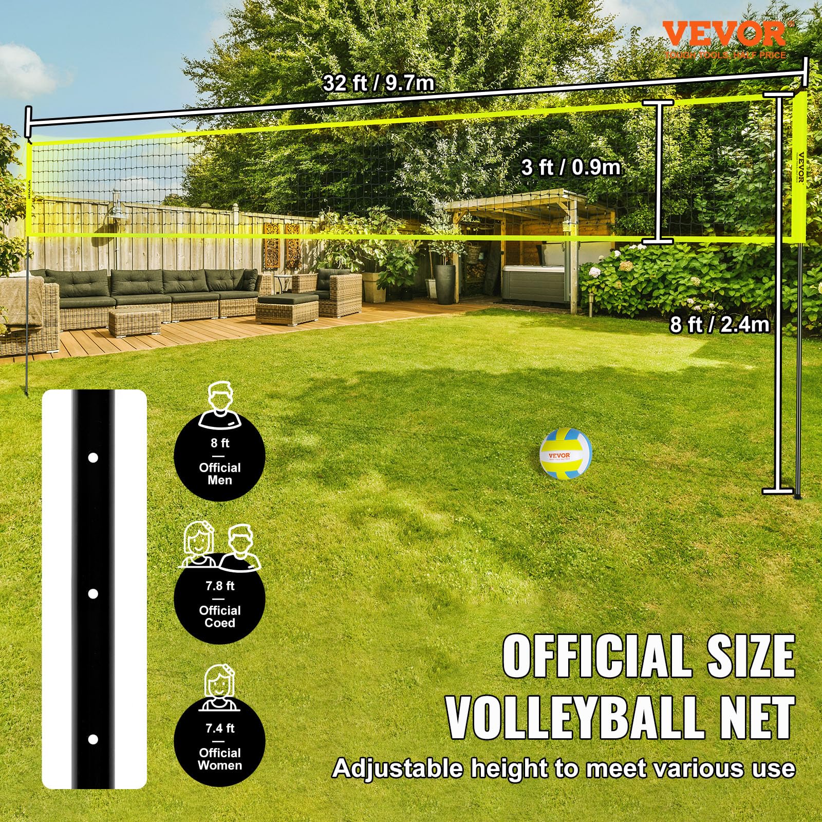 VEVOR Outdoor Portable Volleyball Net System, Adjustable Height Steel Poles, Professional Volleyball Set with PVC Volleyball, Pump, Carrying Bag, Heavy Duty Volleyball Net for Backyard, Beach, Lawn VEVOR