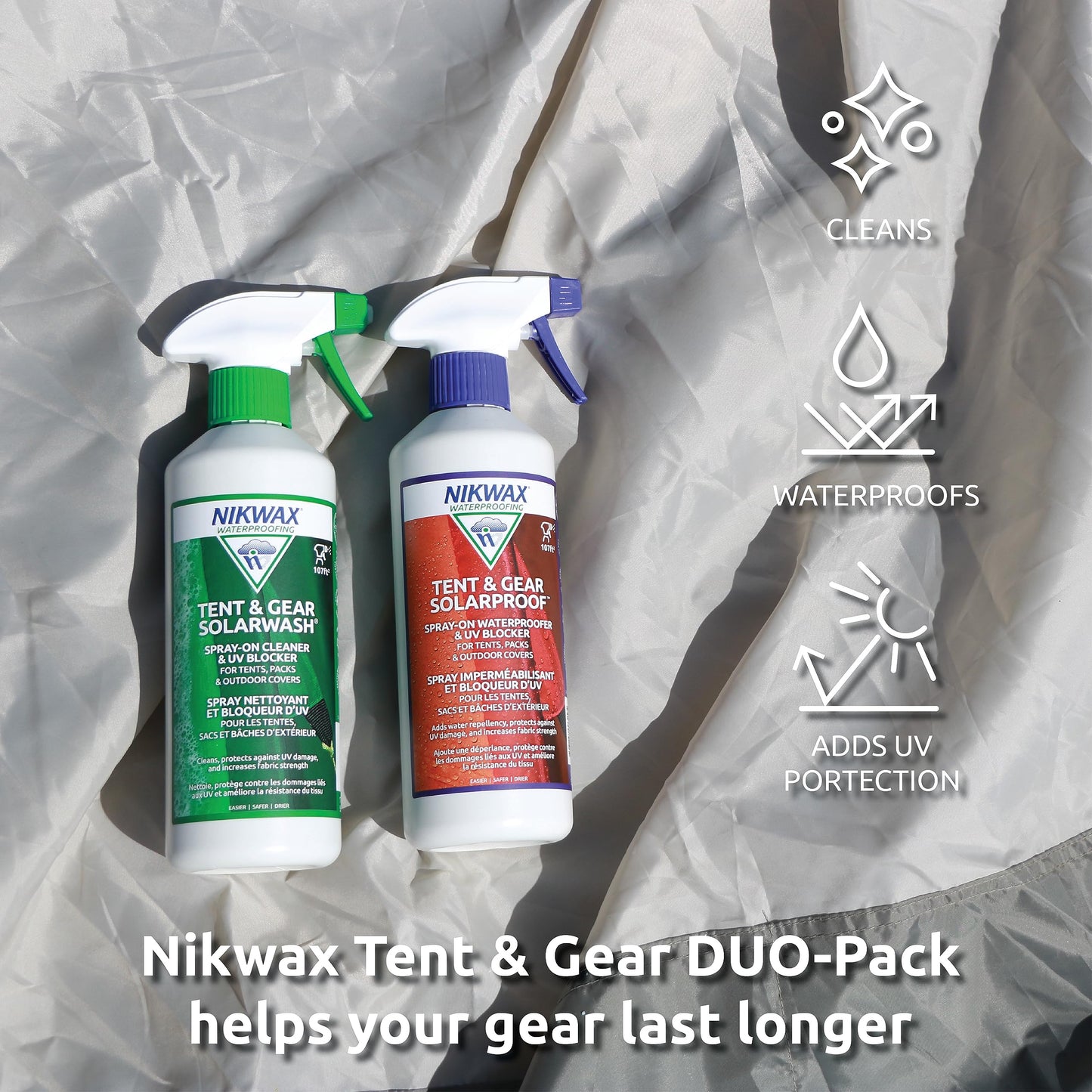Nikwax Tent & Gear, Tent & Gear Duo-Pack, 500ml, SolarWash & SolarProof, Cleaning & Waterproofing Spray, Cleaner, Restores DWR Water Repellency on Outdoor Fabric, Rain Fly, Backpacks 🍁 All In One Marketplace Canada