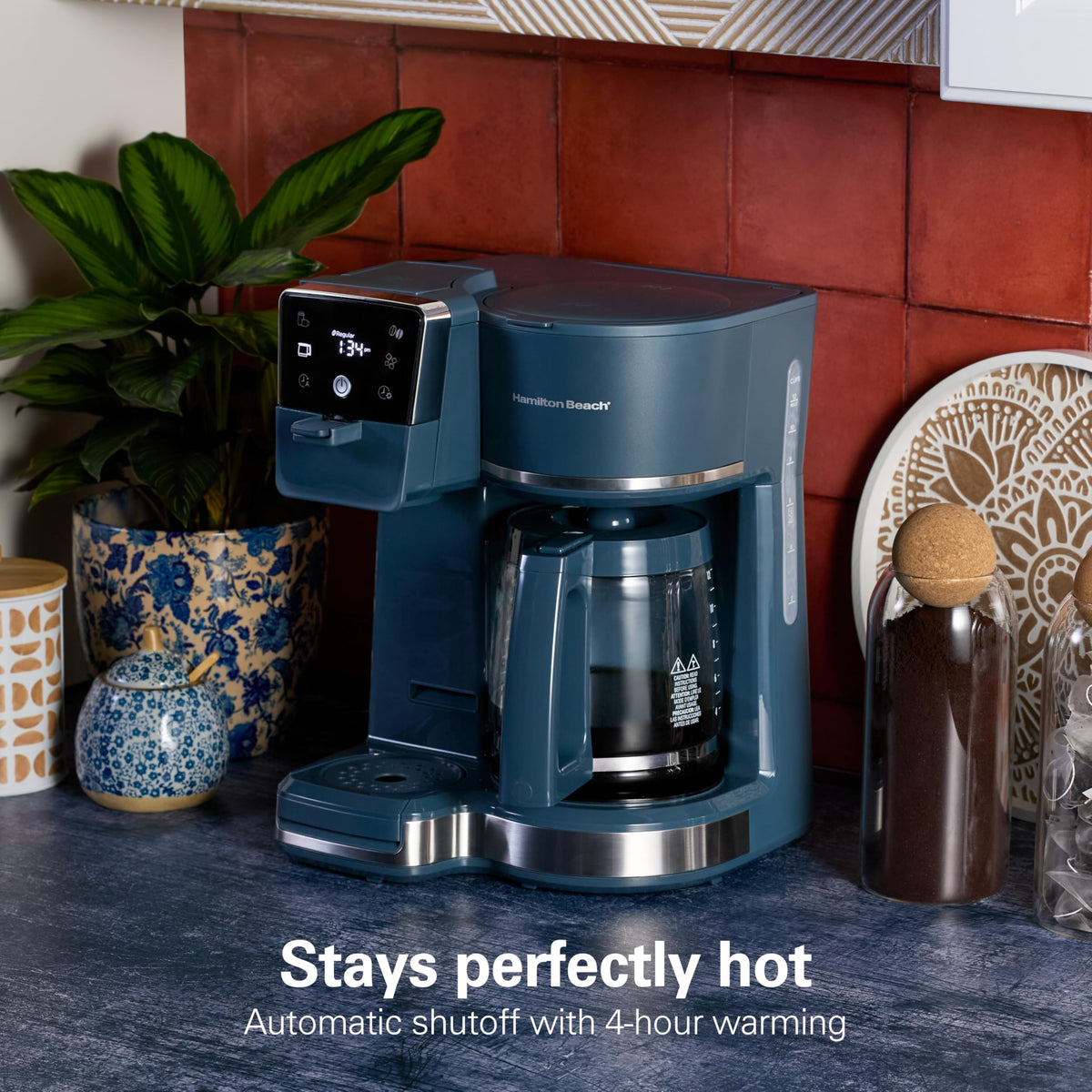 Hamilton Beach 2-Way Programmable Iced/Hot Coffee Maker, Single-Serve and 12 Cup Glass Carafe, LED Screen, Kitchen Makeover Blue, 47502J
