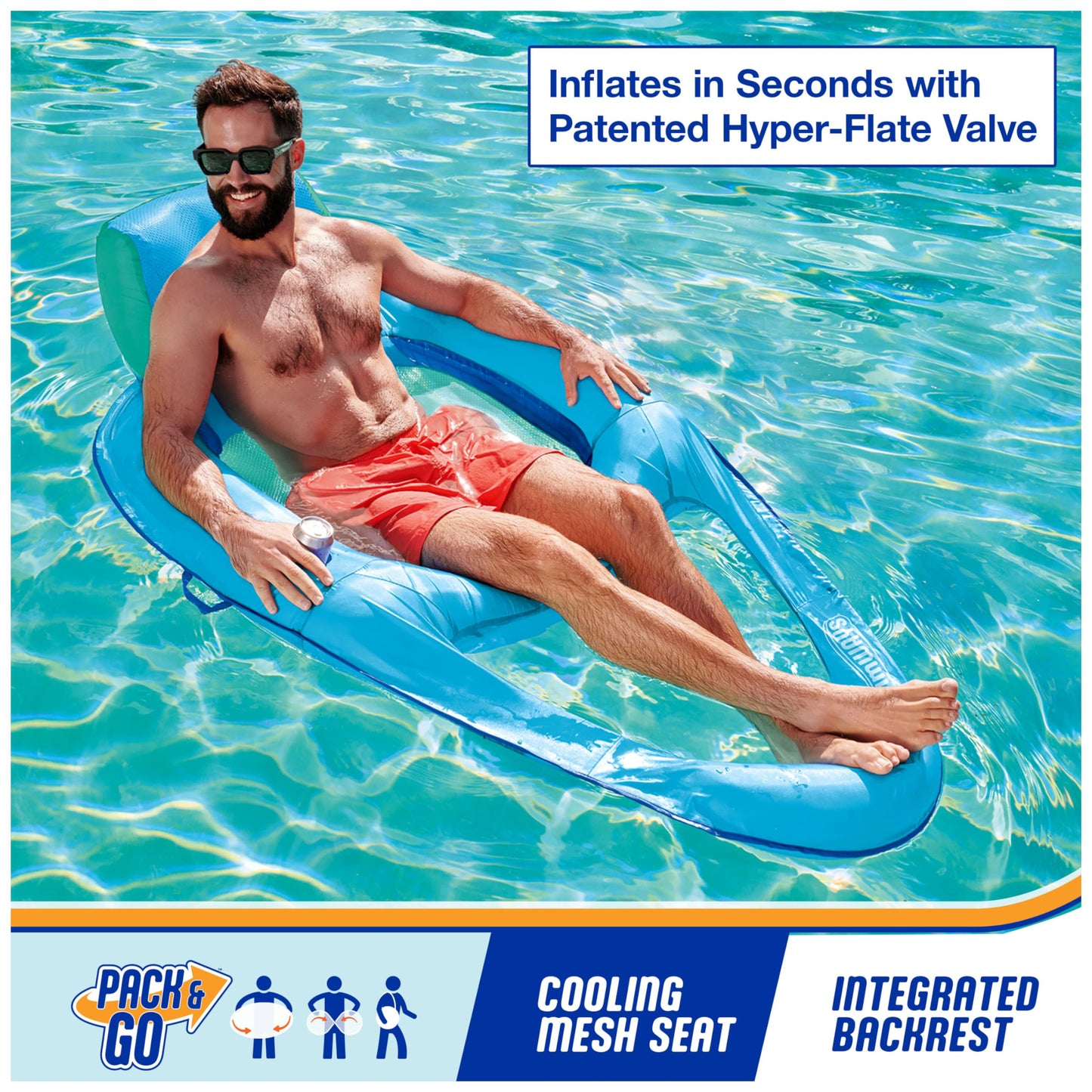 SwimWays Spring Float Premium XL Recliner Chair, Inflatable Pool Floats Adult with Fast Inflation, 25% Larger Than Recliner, Supports Up to 300 lbs