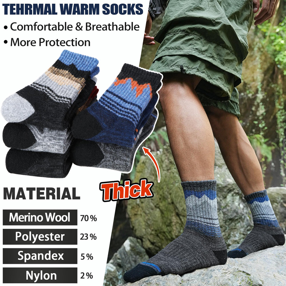 Sandsuced Merino Wool Hiking Socks Thermal Winter Warm Cozy Outdoor Crew Socks 5 Pairs Gift Stocking Stuffers for Men(Assorted Blue,M) 🍁 All In One Marketplace Canada