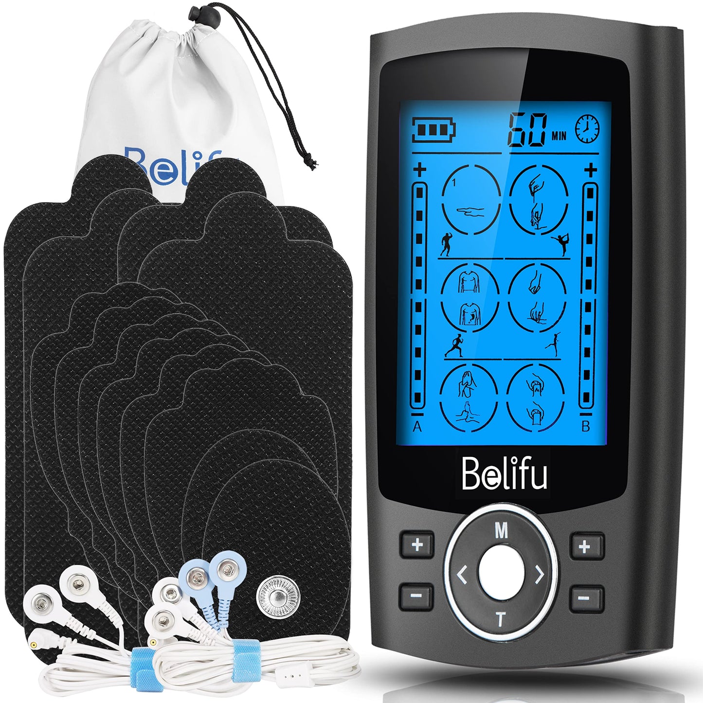 Belifu Dual Channel TENS EMS Unit with 12 Pads, 24 Modes Muscle Stimulator, Electronic Pulse Massager Muscle Massager for Pain Relief Therapy, Fastening Cable Ties, Dust-Proof Drawstring Storage Bag - Available at All In One Marketplace Canada