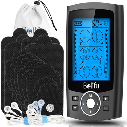 Belifu Dual Channel TENS EMS Unit with 12 Pads, 24 Modes Muscle Stimulator, Electronic Pulse Massager Muscle Massager for Pain Relief Therapy, Fastening Cable Ties, Dust-Proof Drawstring Storage Bag - Available at All In One Marketplace Canada