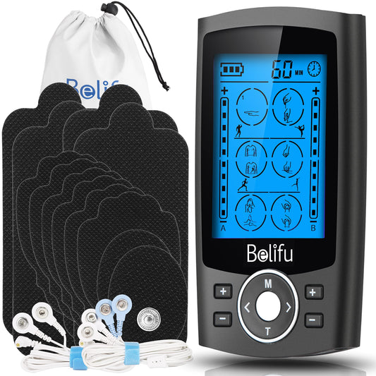 Belifu Dual Channel TENS EMS Unit with 12 Pads, 24 Modes Muscle Stimulator, Electronic Pulse Massager Muscle Massager for Pain Relief Therapy, Fastening Cable Ties, Dust-Proof Drawstring Storage Bag - Available at All In One Marketplace Canada