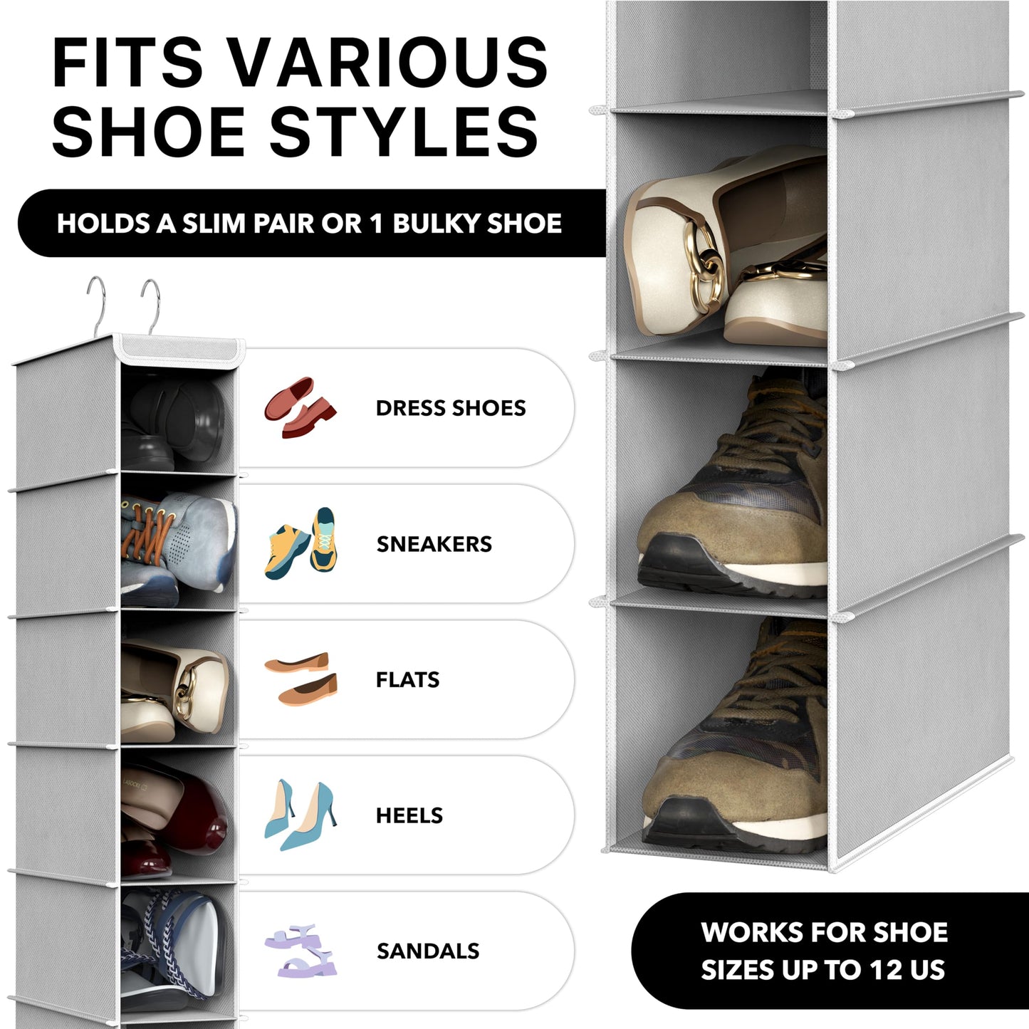 SimpleHouseware 10 Shelves Hanging Shoes Organizer Holder for Closet, Grey - Available at All In One Marketplace Canada