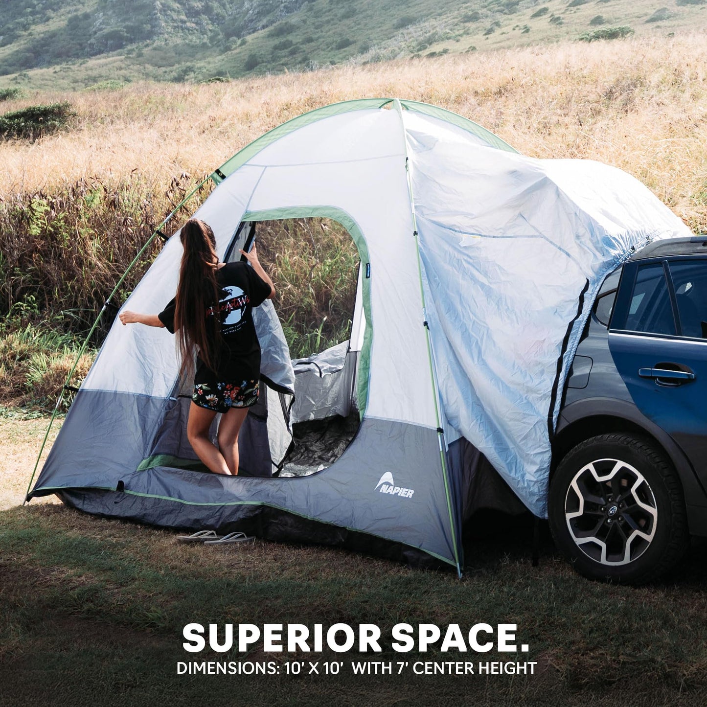 Napier Backroadz SUV Tent | 10' x 10' Vehicle Camping Tent | Fits All CUVs, SUVs, and Minivans | Sleeps 5 | Spacious, Durable, Easy Set-up | Gray/Green | Model 19100 Napier