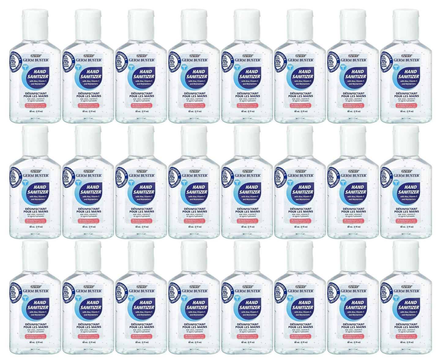 ZYTEC GERM BUSTER | HAND SANITIZER WITH ALOE 70% ALCOHOL | CASE OF 24 60ml / 2fl oz | MADE IN CANADA Zytec