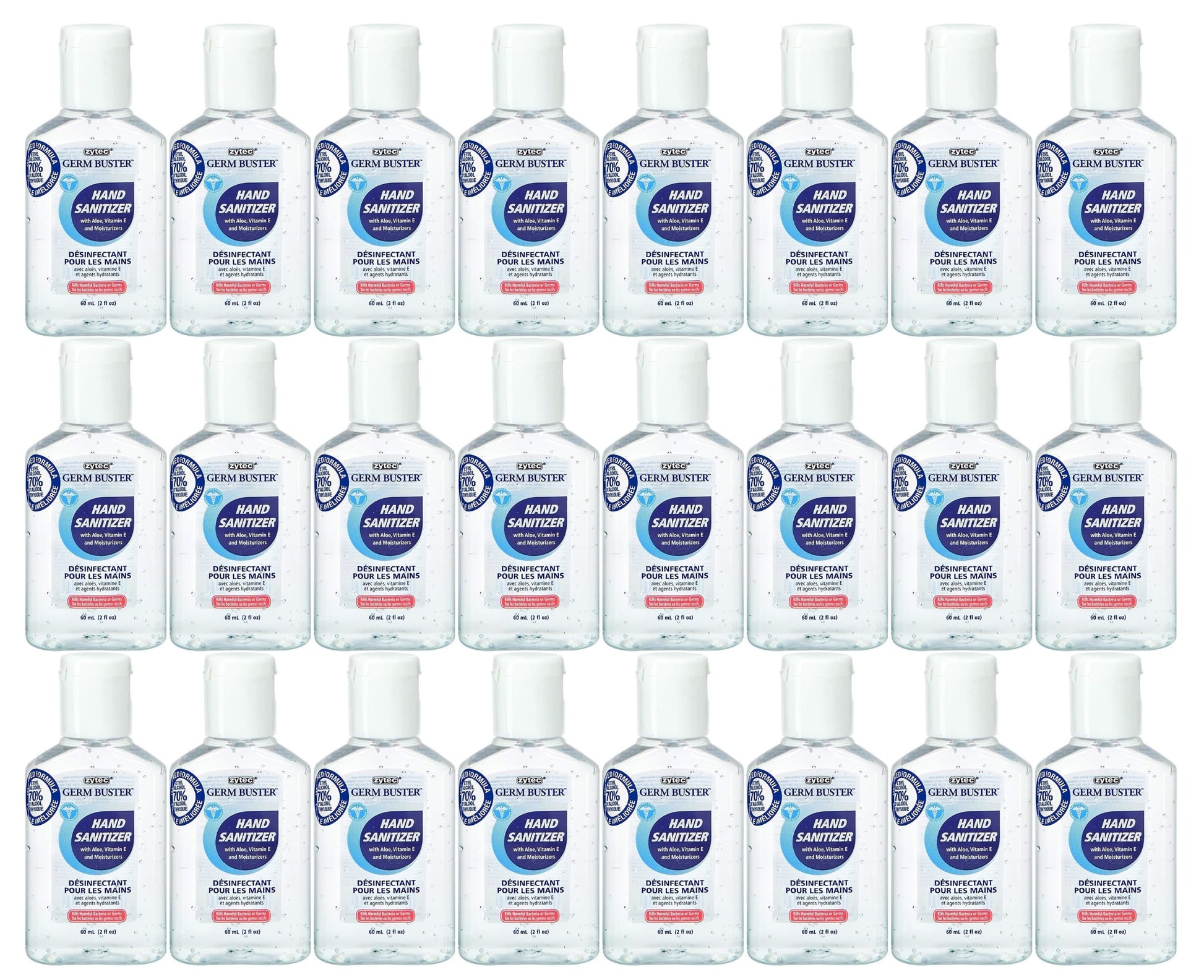 ZYTEC GERM BUSTER | HAND SANITIZER WITH ALOE 70% ALCOHOL | CASE OF 24 60ml / 2fl oz | MADE IN CANADA Zytec