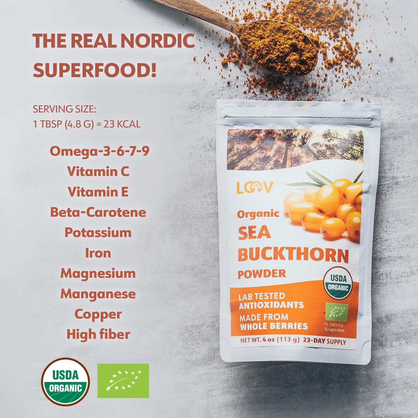 Organic Sea Buckthorn Berry Powder – Nutrient-Dense Whole Berry Blend, 4 Oz, Rich in Omegas & Vitamin C