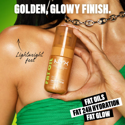 NYX Professional Makeup Fat Oil Body Oil, 24 HR Hydration, Gold Glowy Finish, Non-Sticky High-Shine Vegan Formula, Shimmering Luminous Skin, Coconut Cutie: Coconut & Peach Scent, 70 ml NYX PROFESSIONAL MAKEUP