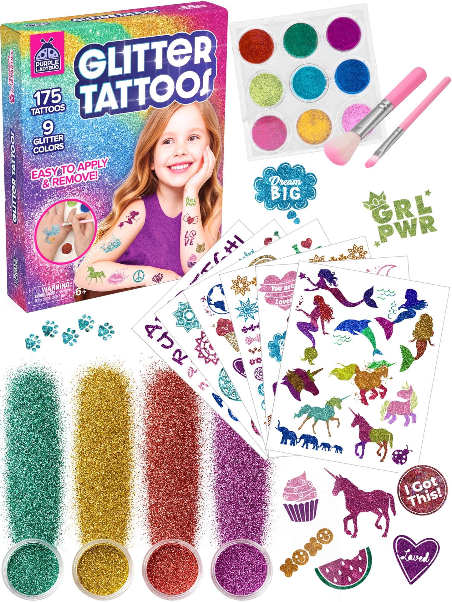 PURPLE LADYBUG 175 Glitter Tattoo Kit - Cute Temporary Tattoos for Kids 6-8 - Creative Girls Gifts 8-12 Years Old - Tween Girls Gift Ideas for Kids Age 6 7 8 9 10 11