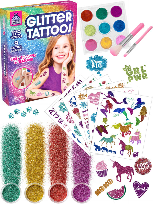 PURPLE LADYBUG 175 Glitter Tattoo Kit - Cute Temporary Tattoos for Kids 6-8 - Creative Girls Gifts 8-12 Years Old - Tween Girls Gift Ideas for Kids Age 6 7 8 9 10 11
