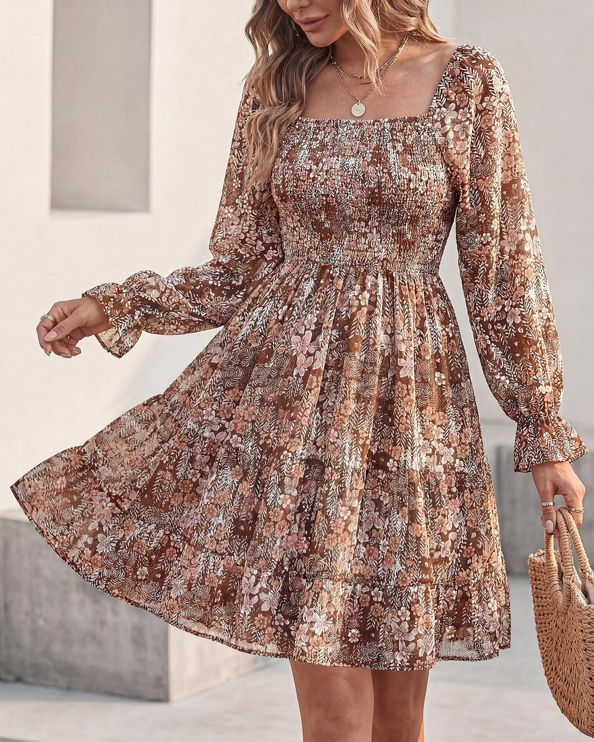 BTFBM Dresses Women Square Neck Long Sleeve Ruffle Hem Floral Short Dress 🍁 All In One Marketplace Canada