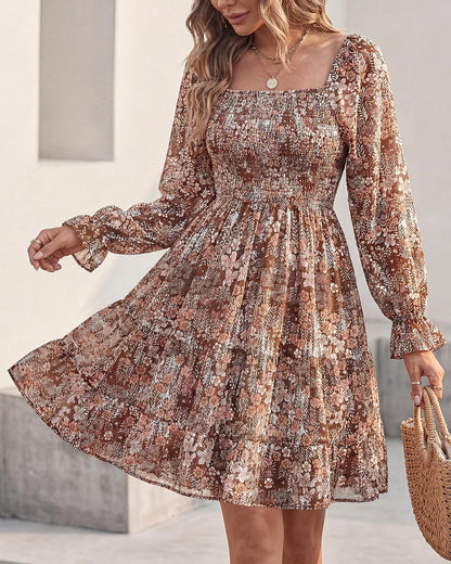 BTFBM Dresses Women Square Neck Long Sleeve Ruffle Hem Floral Short Dress 🍁 All In One Marketplace Canada