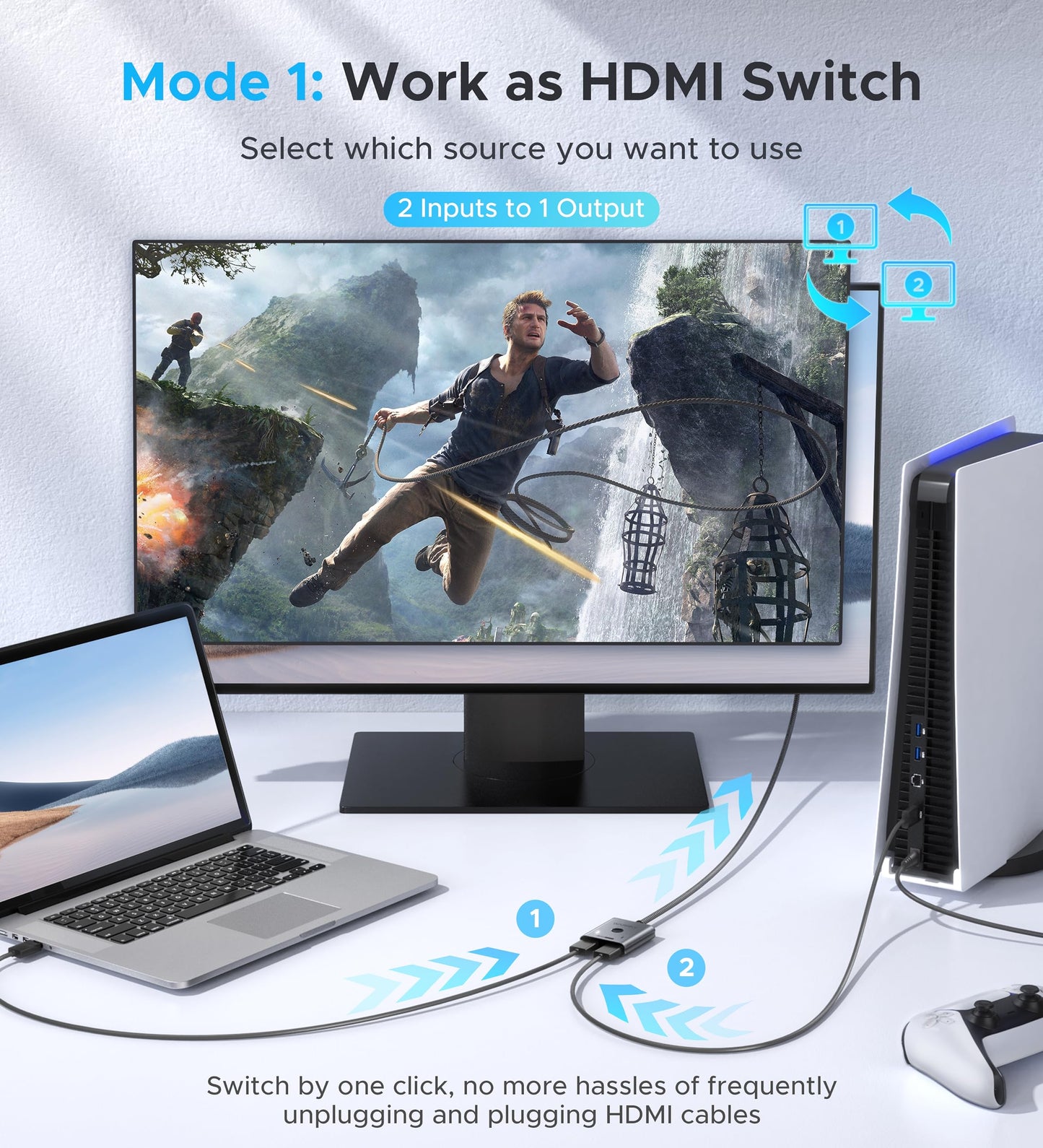 HDMI Switch 4K 60Hz, WARRKY HDMI Switcher 2 in 1 Out [Fixed Braided Cable]