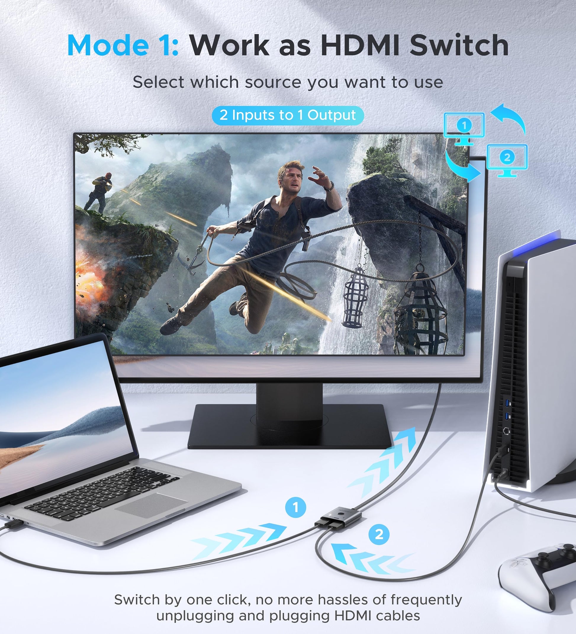HDMI Switch 4K 60Hz, WARRKY HDMI Switcher 2 in 1 Out [Fixed Braided Cable]