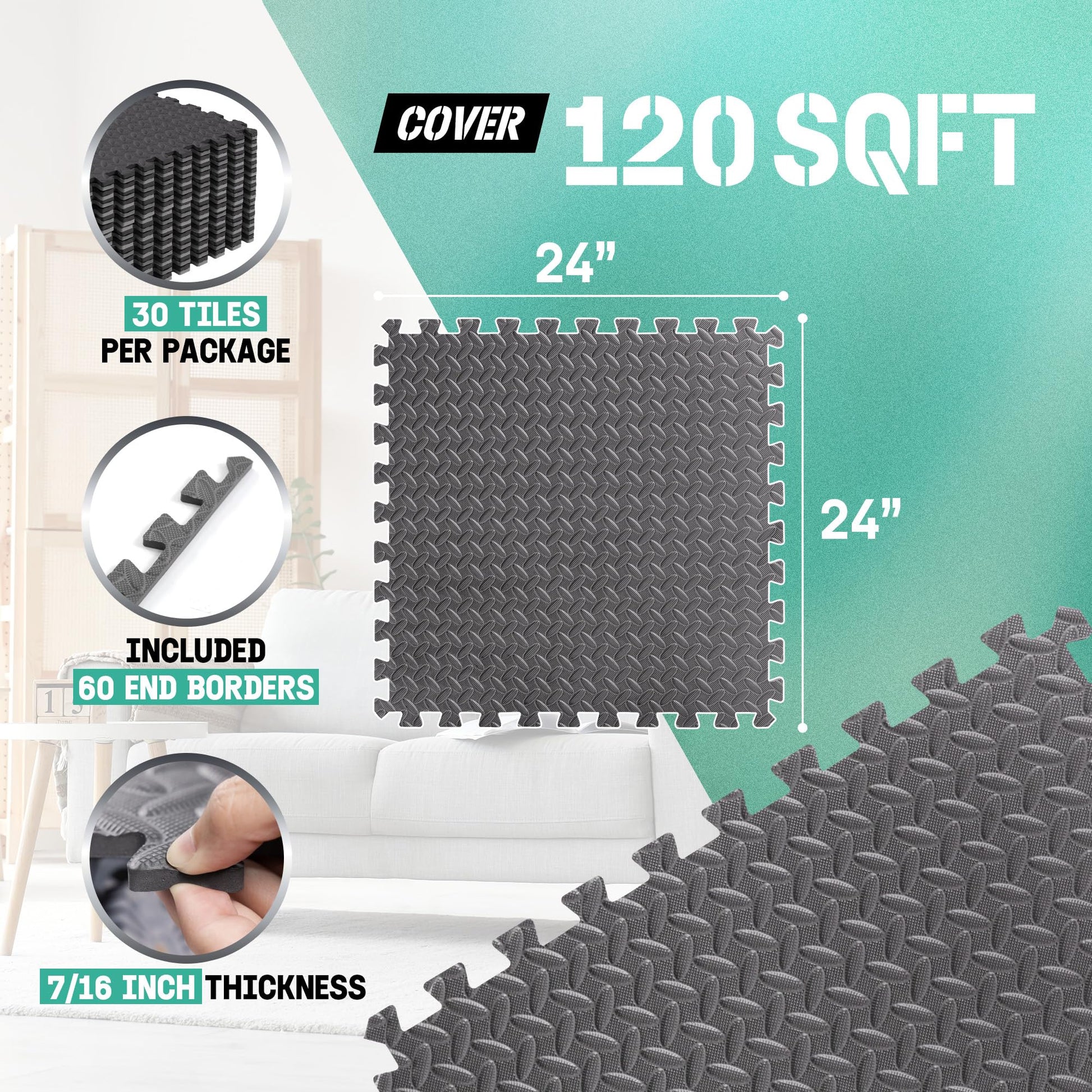 Yes4All EVA Interlocking Foam Floor Tiles, 11.15 m², Black Yes4All