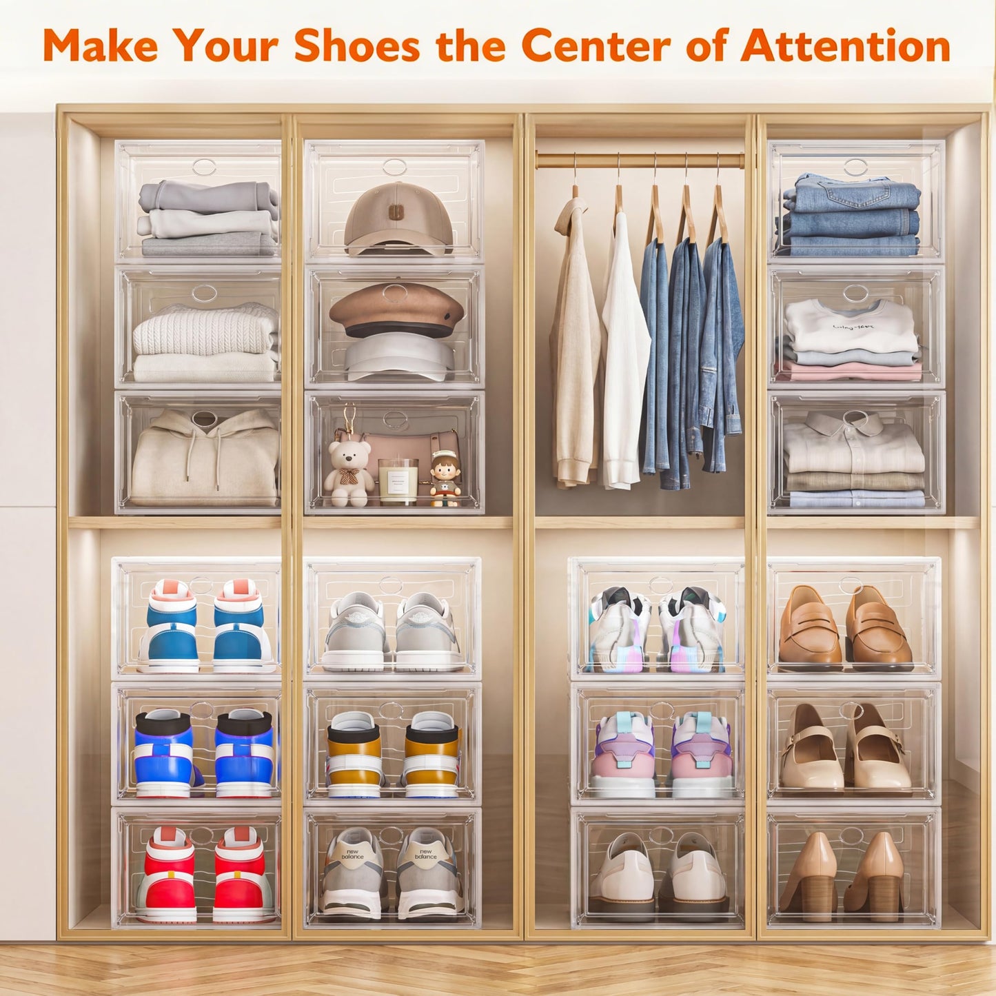 Thicken & Sturdy Clear Shoe Storage Organizer with Magnetic Door, Stackable Boxes for Closet, Foldable Space-Saving Shoe Rack for Sneaker Boot Container, Plastic Shoe Cabinet Shoe Box 6 Pack, White
