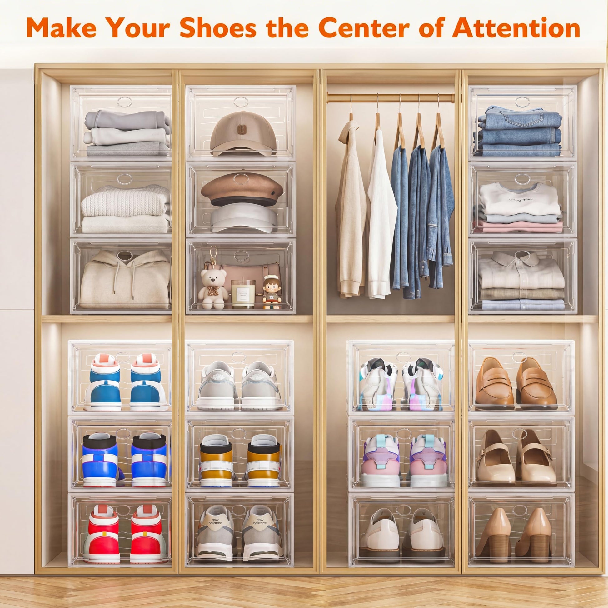 Thicken & Sturdy Clear Shoe Storage Organizer with Magnetic Door, Stackable Boxes for Closet, Foldable Space-Saving Shoe Rack for Sneaker Boot Container, Plastic Shoe Cabinet Shoe Box 6 Pack, White