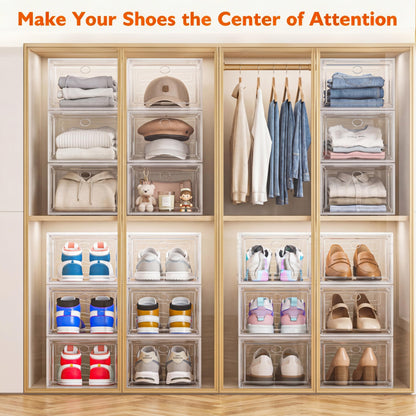 Thicken & Sturdy Clear Shoe Storage Organizer with Magnetic Door, Stackable Boxes for Closet, Foldable Space-Saving Shoe Rack for Sneaker Boot Container, Plastic Shoe Cabinet Shoe Box 6 Pack, White